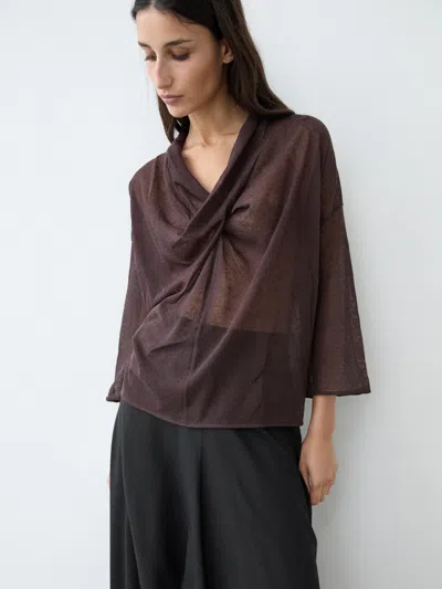 Massimo Dutti Linen Blend Shirt With Draped Neckline In Brown