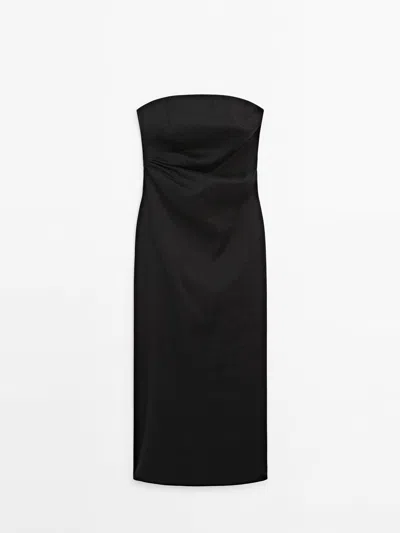 Massimo Dutti Linen Blend Strapless Dress In Black