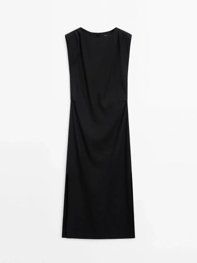 Massimo Dutti Linen Blend Stretch Dress With Pleated Detail In Black