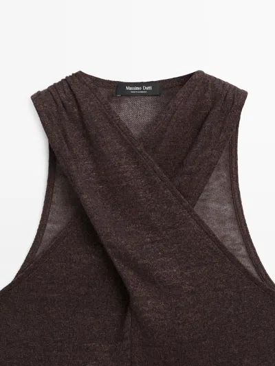 Massimo Dutti Linen Blend Surplice Neck Top In Brown