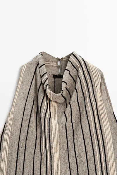 Massimo Dutti Linen Blend Top With Draped Neckline In Brown