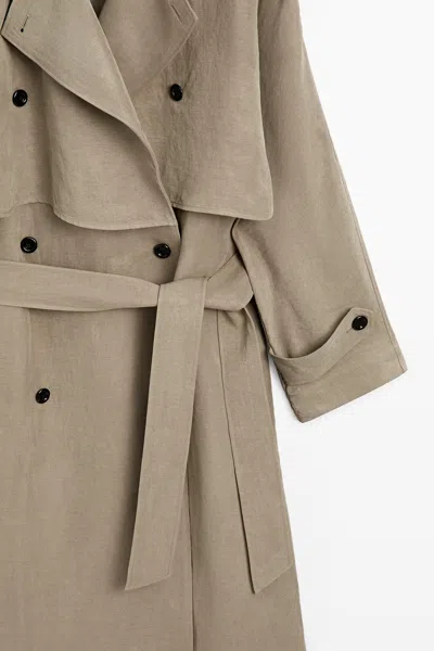 Massimo Dutti Linen Blend Trench Coat With Belt Detail In Brown