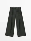 Massimo Dutti Linen Blend Trousers With Pleated Details In Dark Green