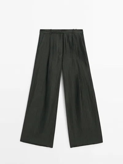 Massimo Dutti Linen Blend Trousers With Pleated Details In Dark Green