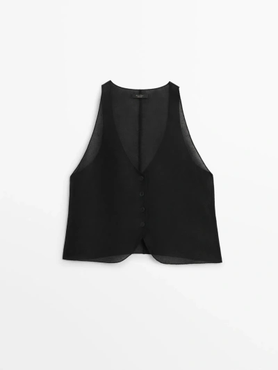 Massimo Dutti Linen Blend Waistcoat In Black