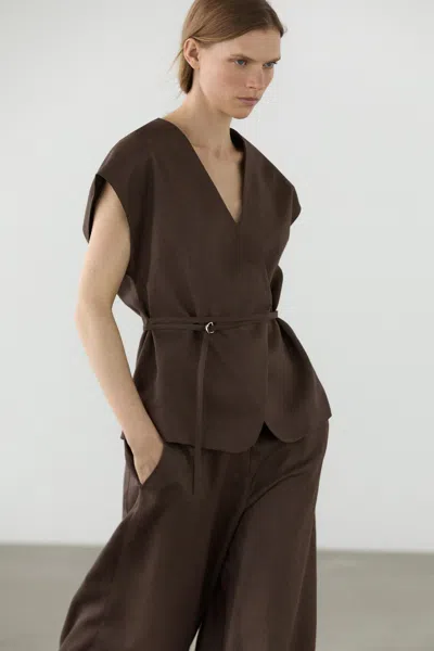Massimo Dutti Linen Blend Waistcoat With Wrap Neckline In Brown