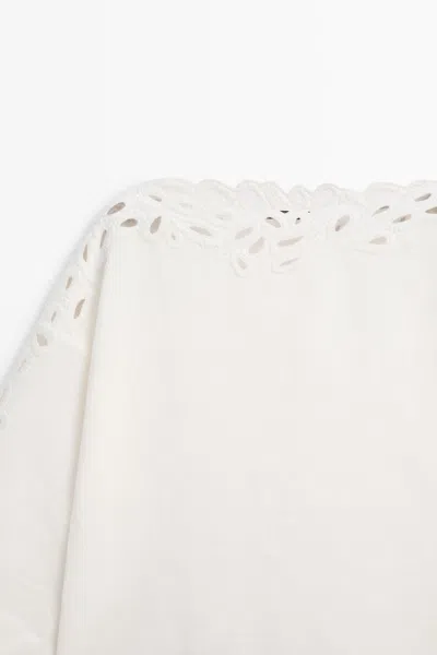 Massimo Dutti Linen Boat Neck Blouse With Embroidery In White