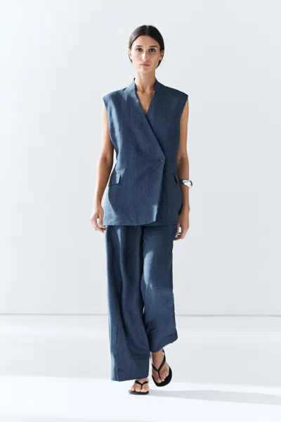 Massimo Dutti Linen Crossover Closure Total Look Vest In Navy Blue