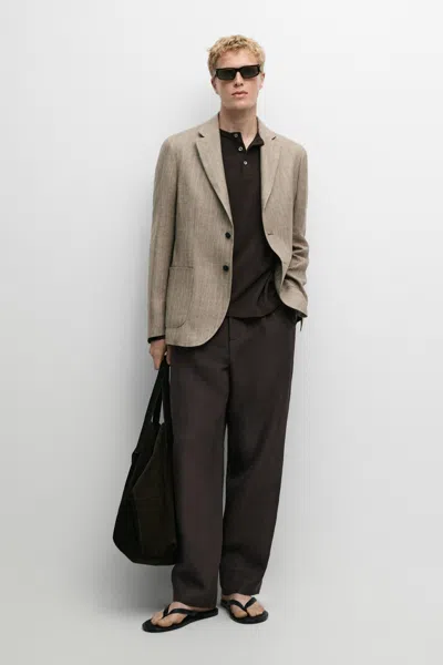 Massimo Dutti Linen Herringbone Stripe Blazer In Neutral
