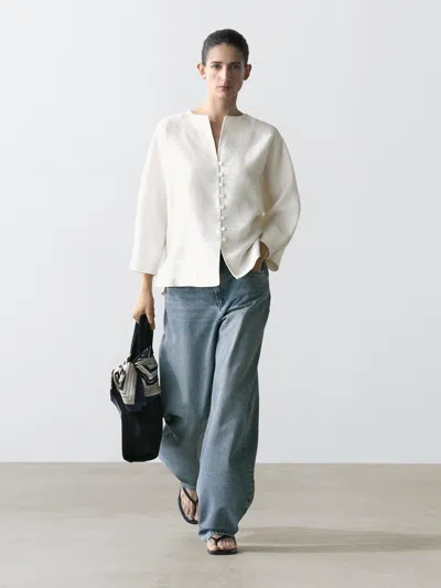 Massimo Dutti Linen Jacket With Button Detail In White