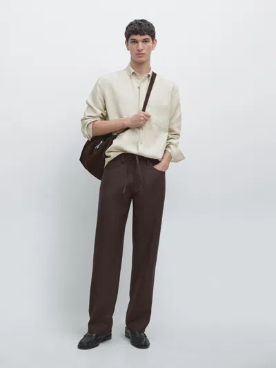Massimo Dutti Linen Jogger Fit Trousers In Brown