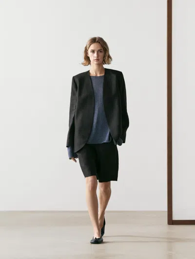 Massimo Dutti Linen Lapelless Blazer In Black