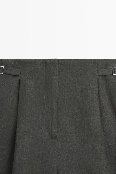 Massimo Dutti Linen Melange Long Bermuda Shorts With Buckle Detail In Green