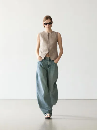 Massimo Dutti Linen Melange Waistcoat With Buttons In Brown