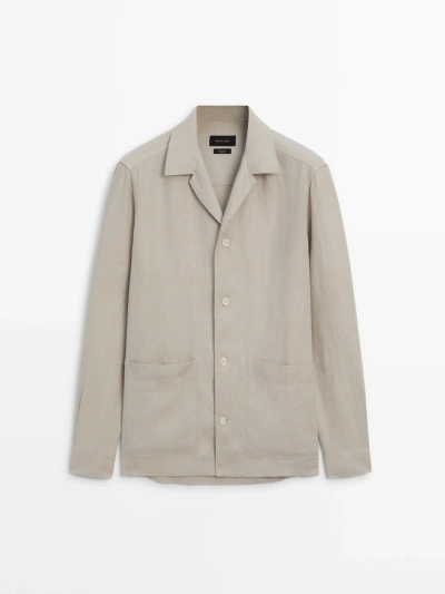 Massimo Dutti Linen Overshirt With Pockets In Beige