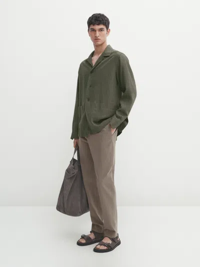 Massimo Dutti Hemdjacke Aus Leinen Mit Taschen In Khaki