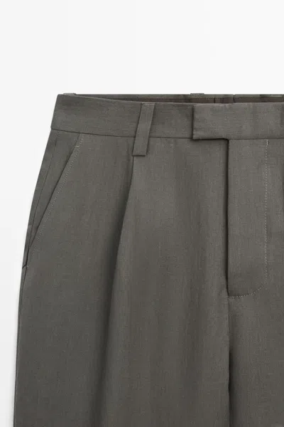 Massimo Dutti Linen Suit Pants In Green