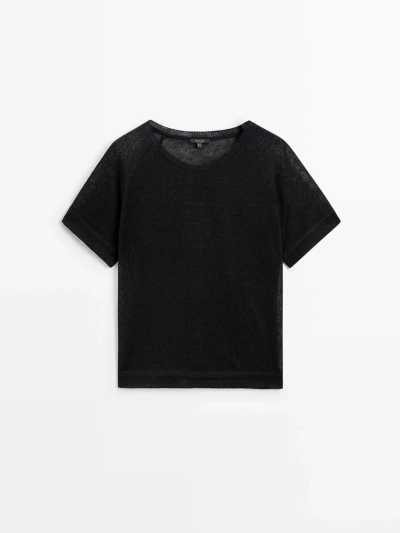 Massimo Dutti Linen T-shirt With Short Raglan Sleeves In Black