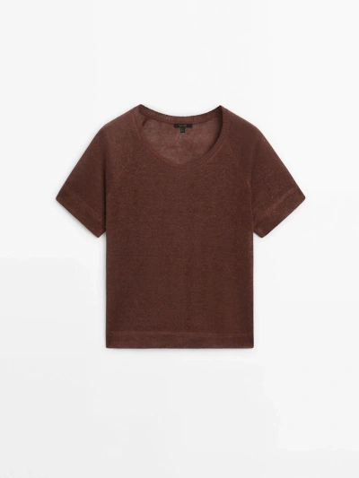 Massimo Dutti Linen T-shirt With Short Raglan Sleeves In Maroon