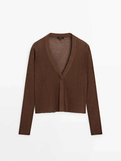 Massimo Dutti V-neck Open-knit Cardigan In Braun