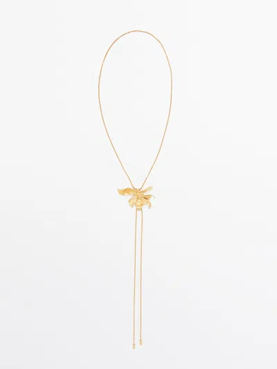 Massimo Dutti Long Adjustable Necklace With Flower Detail In Golden