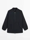 Massimo Dutti Long Bomber Jacket In Deep Blue