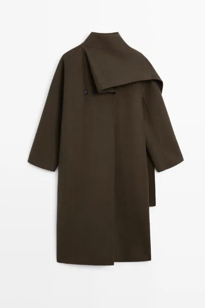 Massimo Dutti Long Coat With Scarf Detail In Verde Acinzentado