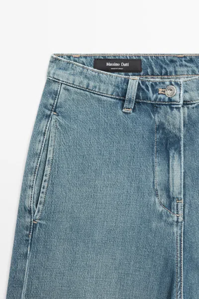 Massimo Dutti Long Denim Bermuda Shorts In Blue