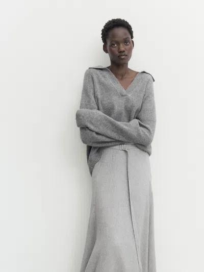Massimo Dutti Long Flounce Skirt With Belt In Pearl Grey