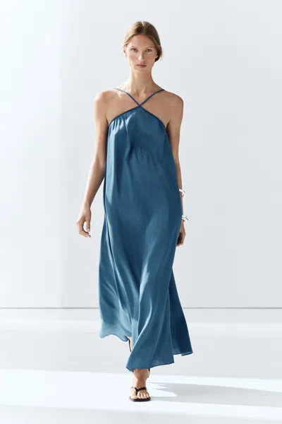 Massimo Dutti Long Flowing Dress With Criss In Blue