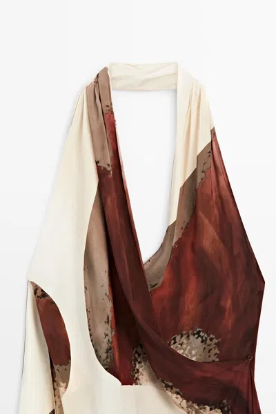 Massimo Dutti Long Flowing Halter Neck Dress In Metallic