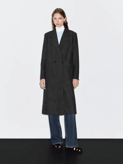 Massimo Dutti Long Herringbone Coat In Black
