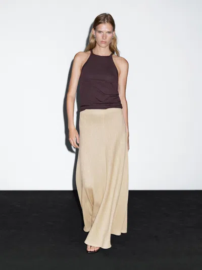 Massimo Dutti Long Herringbone Cotton Blend Skirt In Brown