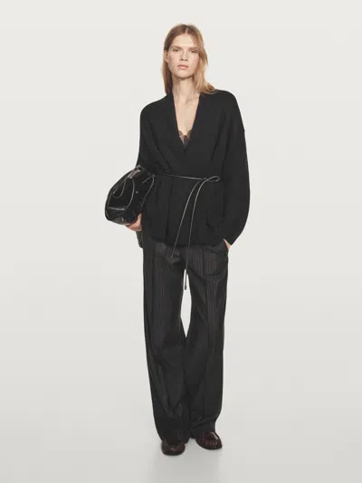 Massimo Dutti Long Knit Cardigan With Belt In Black