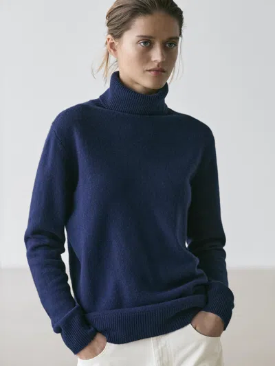 Massimo Dutti Long Knit Turtleneck Sweater In Blue