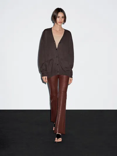 Massimo Dutti Long Linen Blend Knit Cardigan In Brown