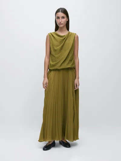 Massimo Dutti Long Matching Dress With Pleated Detail In Green