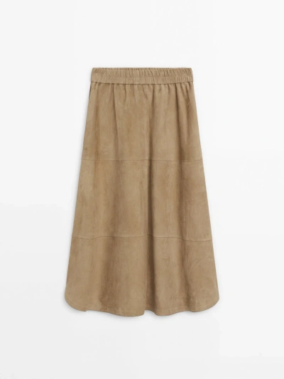 Massimo Dutti Long Nappa Leather Skirt With Side Splits In Sand