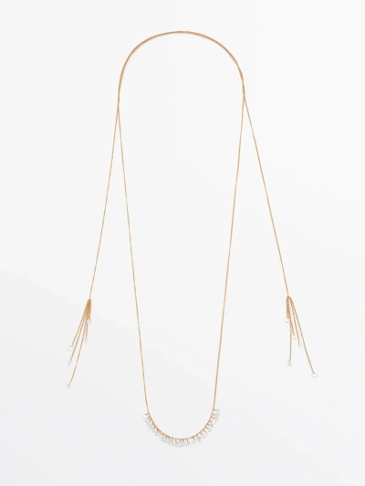 Massimo Dutti Long Necklace With Zirconia Detail In Gold