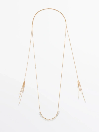 Massimo Dutti Long Necklace With Zirconia Detail In Golden