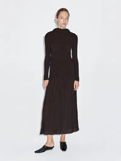 Massimo Dutti Long Pleated Stretch Dress In Brown