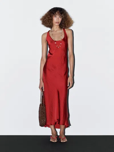 Massimo Dutti Long Satin Dress With Round Neckline In Red