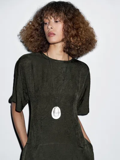 Massimo Dutti Long Satin Dress With Short Sleeves In Black