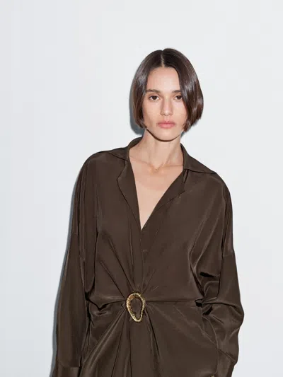 Massimo Dutti Long Shirt With Brooch Detail In Brown