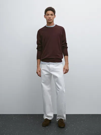 Massimo Dutti Long Sleeve Cotton Knit Sweater In White