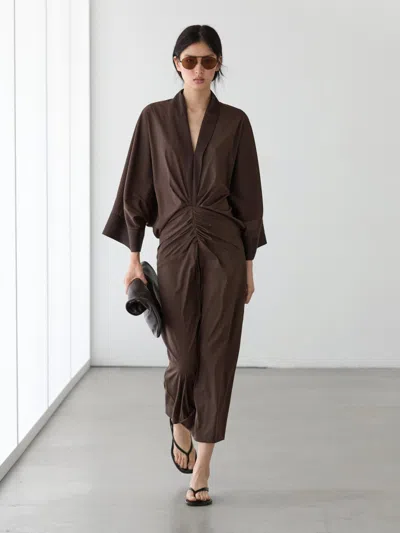 Massimo Dutti Long Sleeve Dress With Gathered Detail In Brown