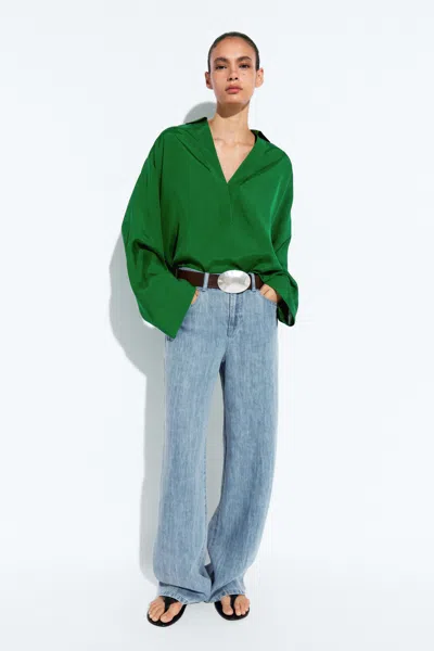 Massimo Dutti Long Sleeve Flowing Polo Shirt In Green