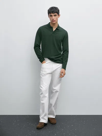 Massimo Dutti Long Sleeve Mercerised Cotton Piqué Polo Shirt In Green