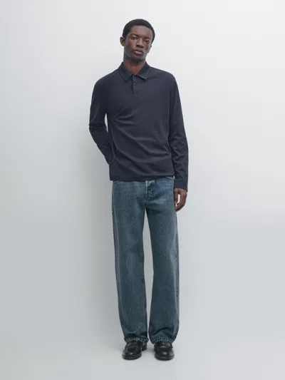 Massimo Dutti Long Sleeve Polo Shirt With Snap Button In Blue