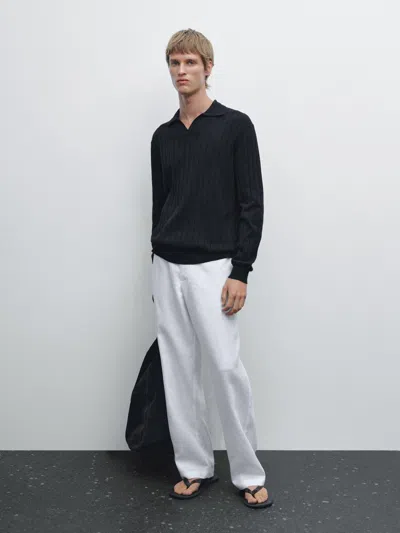 Massimo Dutti Long Sleeve Polo Sweater In White